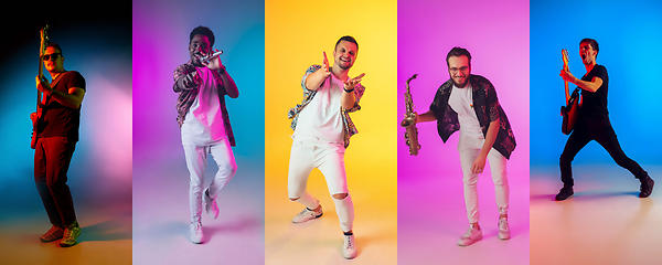 Image showing Collage of portraits of young musicians on multicolored background in neon