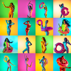 Image showing Collage of portraits of young beautiful girls on multicolored background in neon