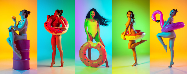 Image showing Collage of portraits of young beautiful girls on multicolored background in neon