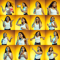Image showing Collage of portraits of young woman on yellow gradient background in neon