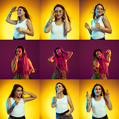 Image showing Collage of portraits of young women on multicolored background in neon