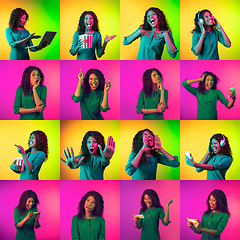 Image showing Collage of portraits of young woman on multicolored background in neon