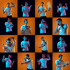 Image showing Collage of portraits of young man on multicolored background in neon