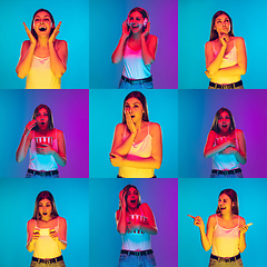 Image showing Collage of portraits of young woman on multicolored background in neon