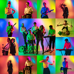 Image showing Collage of portraits of young musicians on multicolored background in neon