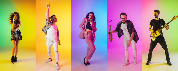 Image showing Collage of portraits of young musicians on multicolored background in neon