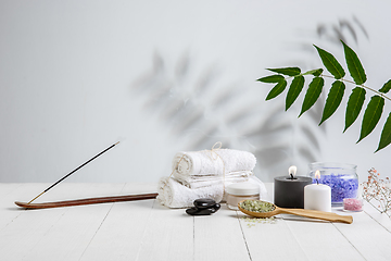 Image showing Beautiful spa composition on massage table in wellness center, copyspace. Leaves\' shadows on the wall