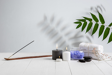 Image showing Beautiful spa composition on massage table in wellness center, copyspace. Leaves\' shadows on the wall