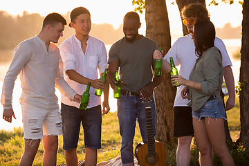 Image showing Group of friends clinking beer bottles during picnic at the beach. Lifestyle, friendship, having fun, weekend and resting concept.