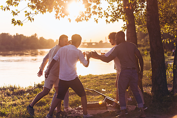 Image showing Group of friends clinking beer glasses during picnic at the beach. Lifestyle, friendship, having fun, weekend and resting concept.