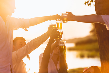 Image showing Group of friends clinking beer glasses during picnic at the beach. Lifestyle, friendship, having fun, weekend and resting concept.