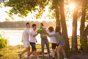 Image showing Group of friends clinking beer bottles during picnic at the beach. Lifestyle, friendship, having fun, weekend and resting concept.