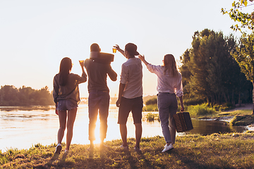 Image showing Group of friends walking down during picnic at the beach. Lifestyle, friendship, having fun, weekend and resting concept.