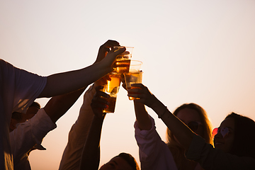 Image showing Group of friends clinking beer glasses during picnic at the beach. Lifestyle, friendship, having fun, weekend and resting concept.