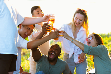 Image showing Group of friends clinking beer glasses during picnic at the beach. Lifestyle, friendship, having fun, weekend and resting concept.