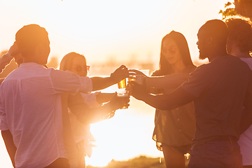 Image showing Group of friends clinking beer glasses during picnic at the beach. Lifestyle, friendship, having fun, weekend and resting concept.