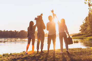 Image showing Group of friends walking down during picnic at the beach. Lifestyle, friendship, having fun, weekend and resting concept.