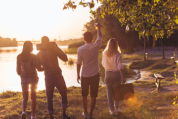 Image showing Group of friends walking down during picnic at the beach. Lifestyle, friendship, having fun, weekend and resting concept.