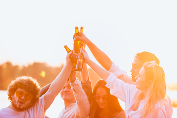 Image showing Group of friends clinking beer glasses during picnic at the beach. Lifestyle, friendship, having fun, weekend and resting concept.