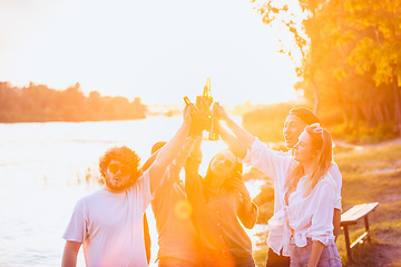 Image showing Group of friends clinking beer glasses during picnic at the beach. Lifestyle, friendship, having fun, weekend and resting concept.