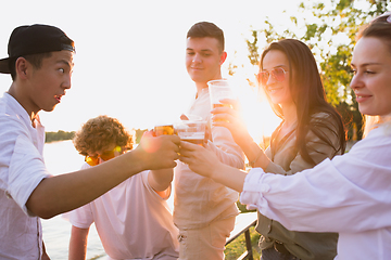 Image showing Group of friends clinking beer glasses during picnic at the beach. Lifestyle, friendship, having fun, weekend and resting concept.