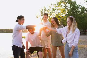 Image showing Group of friends clinking beer glasses during picnic at the beach. Lifestyle, friendship, having fun, weekend and resting concept.