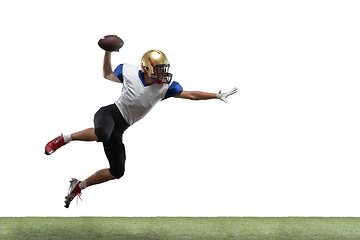 Image showing American football player in action isolated on white studio background