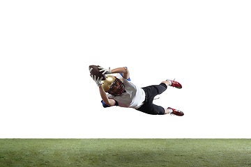 Image showing American football player in action isolated on white studio background