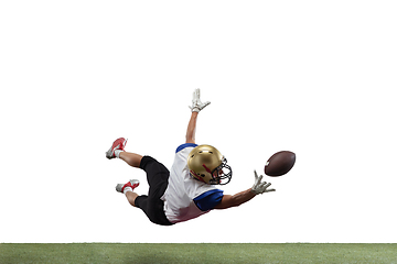 Image showing American football player in action isolated on white studio background