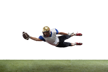 Image showing American football player in action isolated on white studio background
