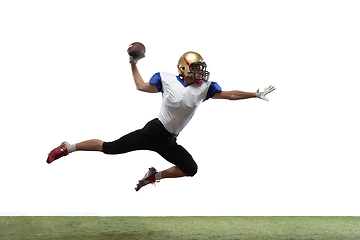 Image showing American football player in action isolated on white studio background