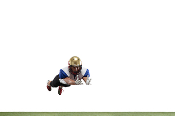 Image showing American football player in action isolated on white studio background