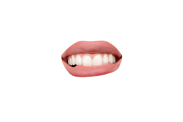 Image showing Close up view of female mouth wearing nude lipstick isolated over white studio background