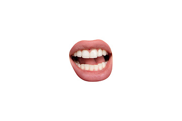 Image showing Close up view of female mouth wearing nude lipstick isolated over white studio background