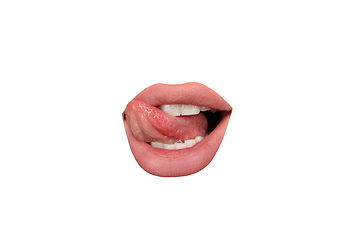 Image showing Close up view of female mouth wearing nude lipstick isolated over white studio background