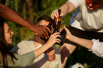 Image showing Group of friends clinking beer glasses during picnic at the beach. Lifestyle, friendship, having fun, weekend and resting concept.