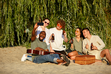 Image showing Group of friends clinking beer glasses during picnic at the beach. Lifestyle, friendship, having fun, weekend and resting concept.