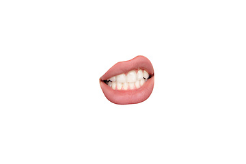 Image showing Close up view of female mouth wearing nude lipstick isolated over white studio background