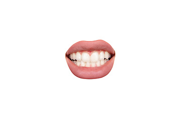 Image showing Close up view of female mouth wearing nude lipstick isolated over white studio background