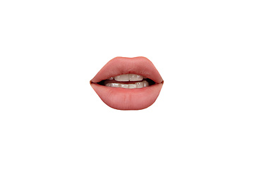 Image showing Close up view of female mouth wearing nude lipstick isolated over white studio background