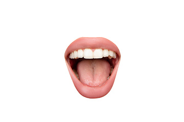 Image showing Close up view of female mouth wearing nude lipstick isolated over white studio background