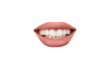 Image showing Close up view of female mouth wearing nude lipstick isolated over white studio background