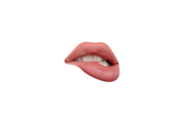 Image showing Close up view of female mouth wearing nude lipstick isolated over white studio background