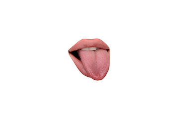 Image showing Close up view of female mouth wearing nude lipstick isolated over white studio background