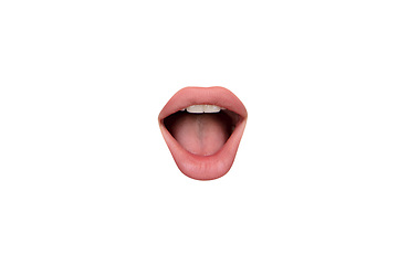 Image showing Close up view of female mouth wearing nude lipstick isolated over white studio background