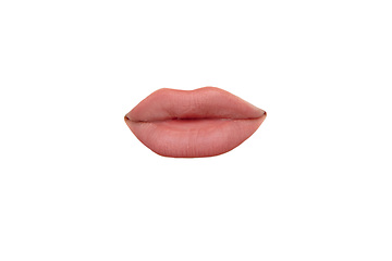 Image showing Close up view of female mouth wearing nude lipstick isolated over white studio background