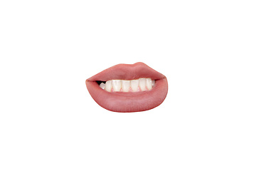 Image showing Close up view of female mouth wearing nude lipstick isolated over white studio background