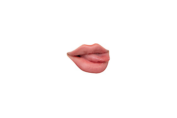 Image showing Close up view of female mouth wearing nude lipstick isolated over white studio background