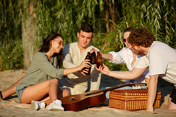Image showing Group of friends clinking beer glasses during picnic at the beach. Lifestyle, friendship, having fun, weekend and resting concept.