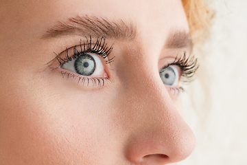 Image showing Close up of face of beautiful caucasian young woman, focus on eyes